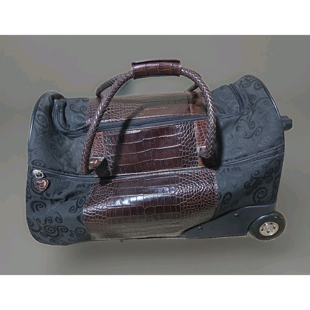 Brighton Travel Collection Rolling Duffle Bag Black Fabric Brown Croc Leather - Picture 6 of 8
